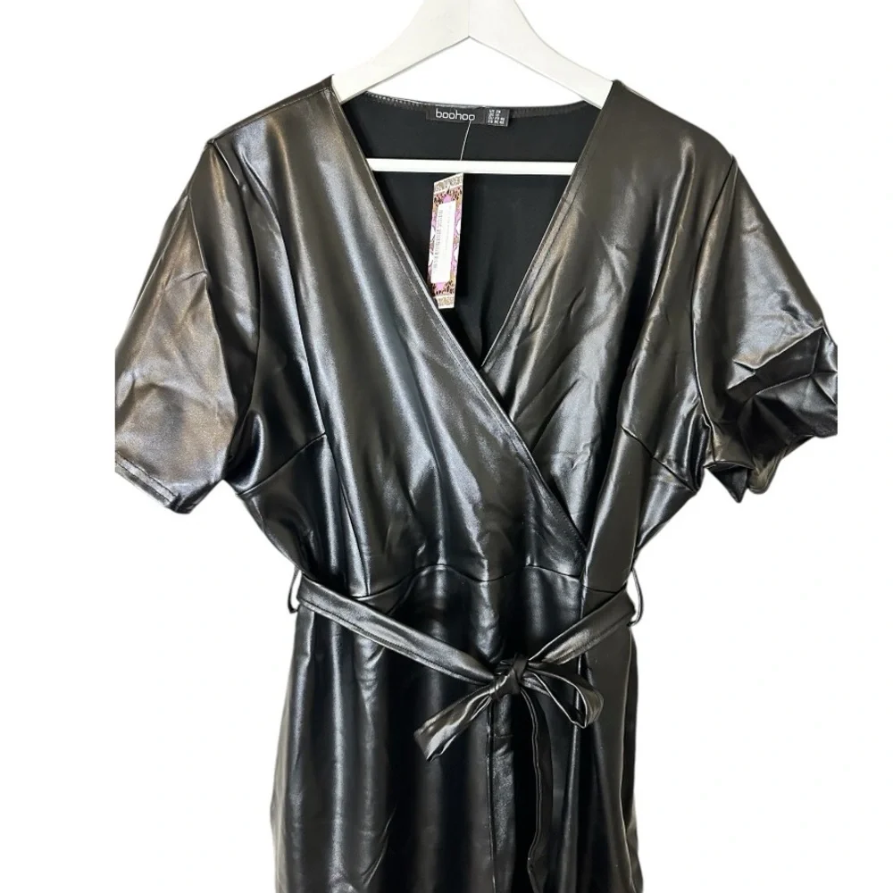 💝Boohoo NWT Faux Leather Black Wrap Around Dress Women's Size 16 - Picture 3 of 7